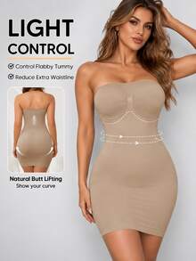 Women's Strapless Shapewear Slip Dress, Tummy Control Seamless Innerwear - Camel - View 1