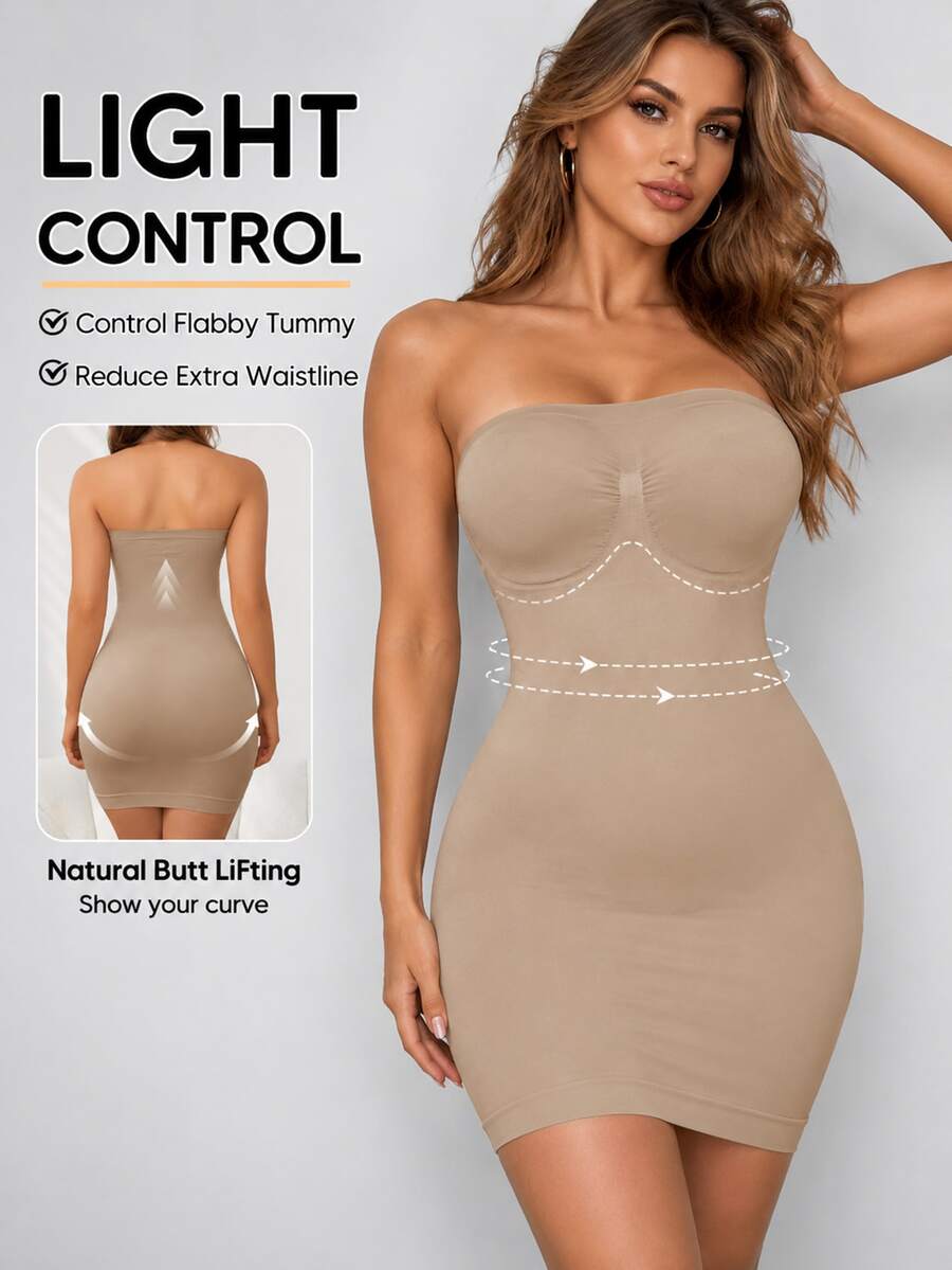 Women's Strapless Shapewear Slip Dress, Tummy Control Seamless Innerwear - Camel - View 1
