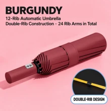 12-Rib Double-Reinforced Automatic Open/Close Folding Umbrella, 24 Ribs Total, Sturdy Wind-Resistant Frame, Extra-Large Canopy For Effective Rain Protection, 3-Fold Portable And Collapsible, Sun And Rain Dual Use, Minimalist Solid Color Business Style, Suitable For Daily Commute, Outdoor Travel, Business Trips And Sightseeing, Handles Heavy Rain And Strong Wind, Practical Rain Protection Tool For Home And Travel, Halloween, Thanksgiving, Christmas, Birthday Gift, Fully Automatic Open/Close - A - View 13