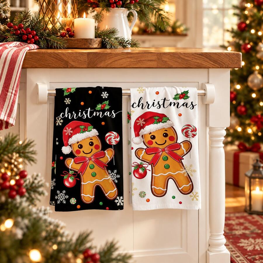 2/4/6 pcs Serbet Dapur Natal Motif Gingerbread Man, Set Handuk Dapur Natal - MultiWarna - View 1
