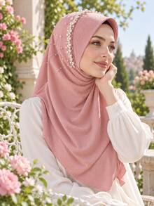 1pc Women Soft One-Piece Pearl Muslim Hijab Islamic Full Head Scarf - Multicolor - View 4