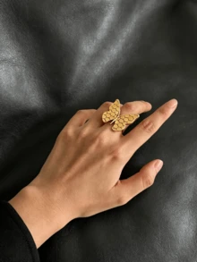 24K Gold Plated Laser Engraved Honeycomb Butterfly Ring, Large Statement Butterfly Open Ring, Fashion Women Party Jewelry - Gold - View 5