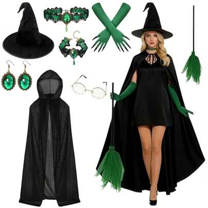 8pcs Women's Witch Costume Set, Halloween Party Cosplay Outfit, Includes 150cm Hooded Cloak, Witch Hat, Broom, Glasses, Jewelry, Nail Gloves And Other Accessories, Adult Props