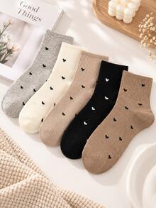 5 Pairs Women Heart Embroidery Mid-Calf Socks, Simple Versatile Casual Socks, Soft Elastic Comfortable Short Boot Socks, Autumn/Winter Daily Commute College Style Socks - Multicolor - View 2