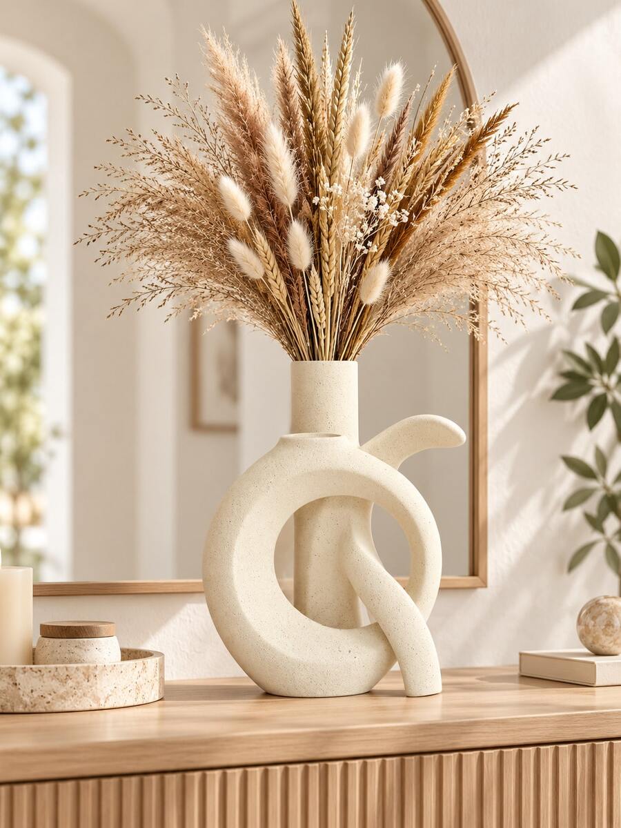 2pcs Beige Abstract Ring Resin Vase, Modern Hollow Circular Sculpture Style Vase, Suitable For Dried Flowers, Reed Grass And Branches, Wabi-Sabi Living Room Bookshelf Entryway Office Decor - Multicolor - View 1