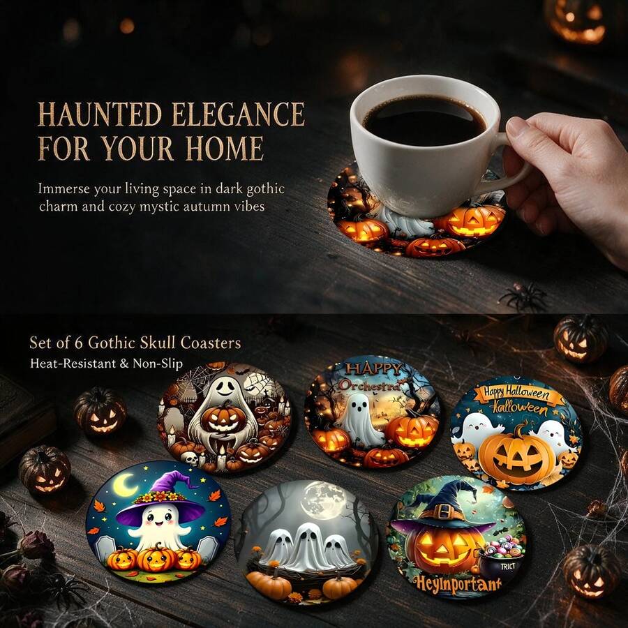 Halloween Cartoon Pumpkin Ghost Coaster Set, Round Printed Heat-Resistant Mat, Festive Table Decor, Cute Halloween Gift - PET Coaster-2768 - View 1