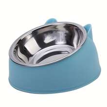 1pc Stainless Steel Elevated Cat Bowl, 2-In-1 Tilted Food & Water Dish With Cute Ear Stand, Neck Protection Design - 100ml - View 3