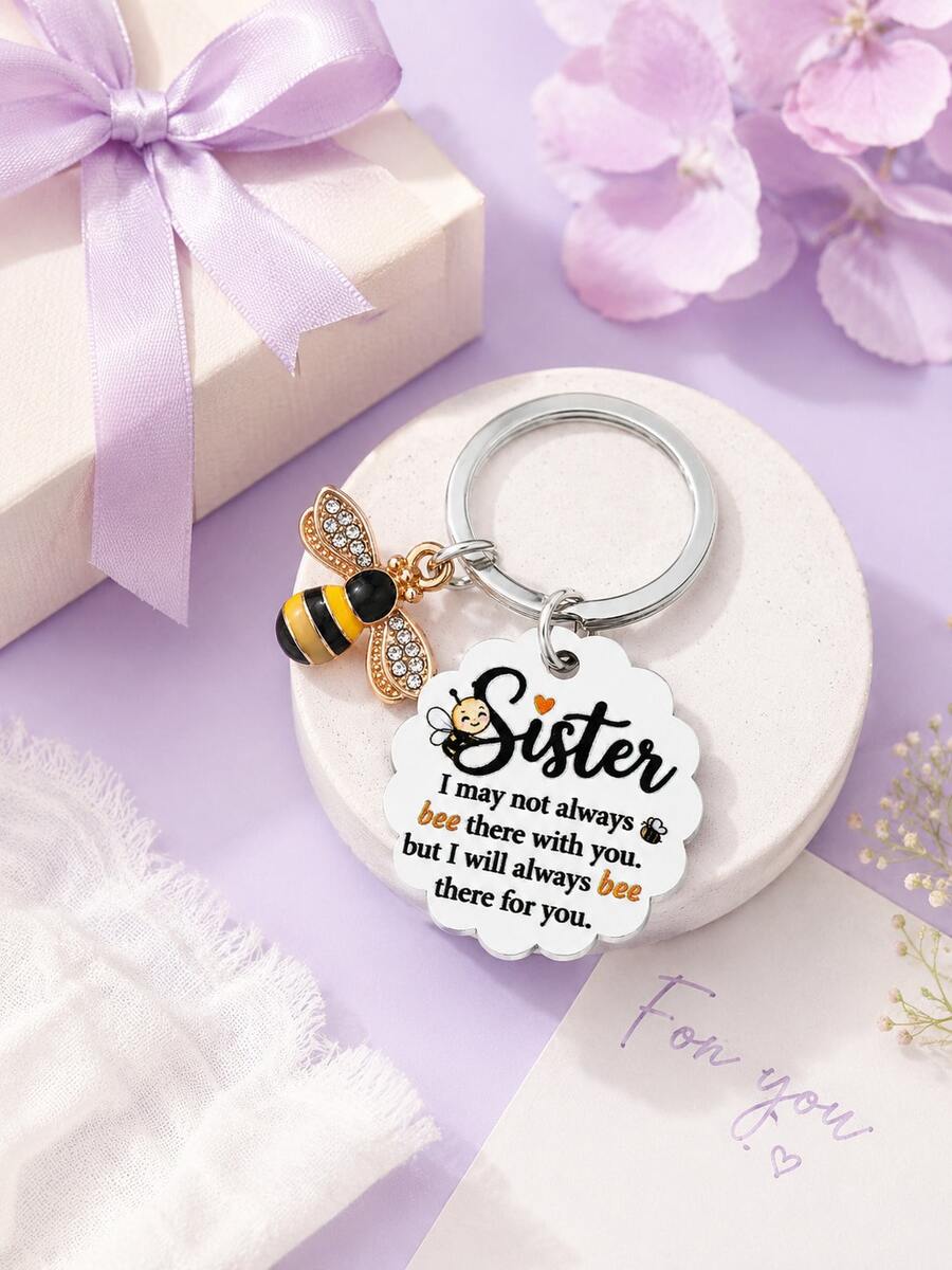 1 buah/3 buah Gantungan Kunci Sister Bee, Gantungan Tas Bergelombang dengan Pesan "Always Bee There For You", Hadiah Thanksgiving dan Natal untuk Saudari, Aksesori Tas
