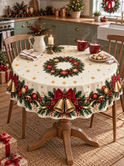 1pc Polyester Christmas Tablecloth, Red Bow Gold Bell Holly Wreath Print Xmas Holiday Table Cover, Traditional Festive Dining Table Decor For Christmas Party Dinner Kitchen Home