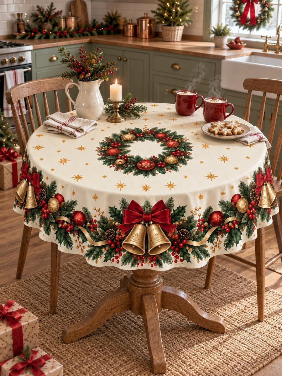 1pc Polyester Christmas Tablecloth, Red Bow Gold Bell Holly Wreath Print Xmas Holiday Table Cover, Traditional Festive Dining Table Decor For Christmas Party Dinner Kitchen Home - Multicolor - View 1
