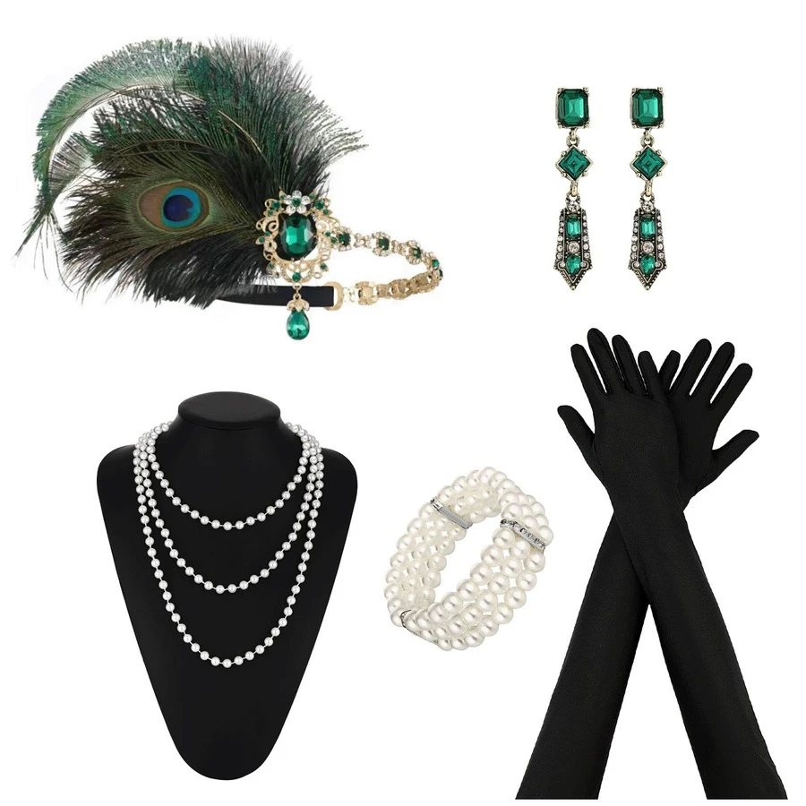 5pcs 1920s Flapper Women Accessories Set, Includes 20s Feather Headband, Vintage Pearl Necklace, Gloves And Crystal Earrings Halloween - Hairband Set - View 1