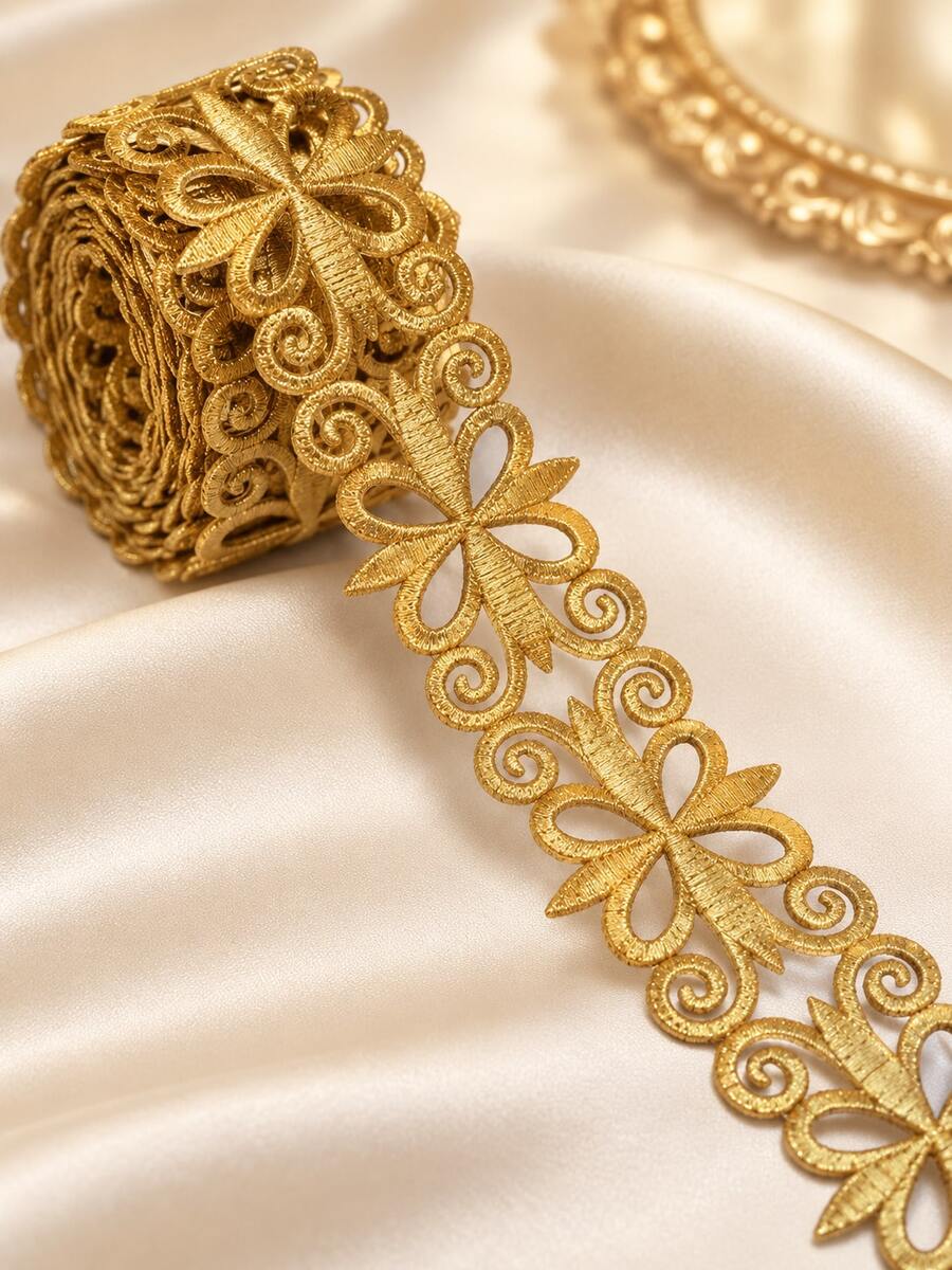 1.97inch(5cm) Wide Gold Hollow Embroidery Lace Trim Vintage Gold Thread Lace Ribbon Floral Scrollwork Hollow Decorative Material Gift Box Clothing Home Handmade DIY Decoration - Multicolor - View 1