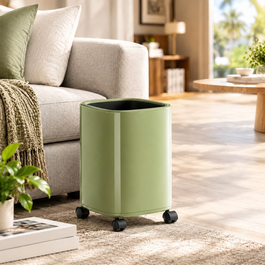 1PC Luxury Rolling Trash Can With Wheels, Double‑Layer Large Capacity Premium Waste Bin, Smooth Easy‑To‑Clean Body, Movable Garbage Bin For Kitchen, Bathroom, Home Living Room - Used Green - View 1
