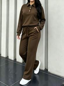 Women's 2-Piece Sportswear Set, Polo Collar Half-Zip Sweatshirt And Wide Leg Pants, Drawstring Waist Long Sleeve, Soft And Comfortable, Suitable For Work And Daily Wear - Rust Brown - View 5