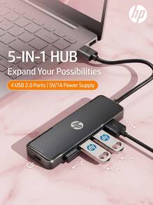 HP 5-In-1 USB Hub High-Speed USB 2.0 Splitter 4-Port Expansion Converter For USB Drive/Keyboard/Mouse/Mobile Hard Drive Plug And Play Compatible With Apple Mac/Windows/Android Phone/Tablet/Desktop/Laptop - View 2