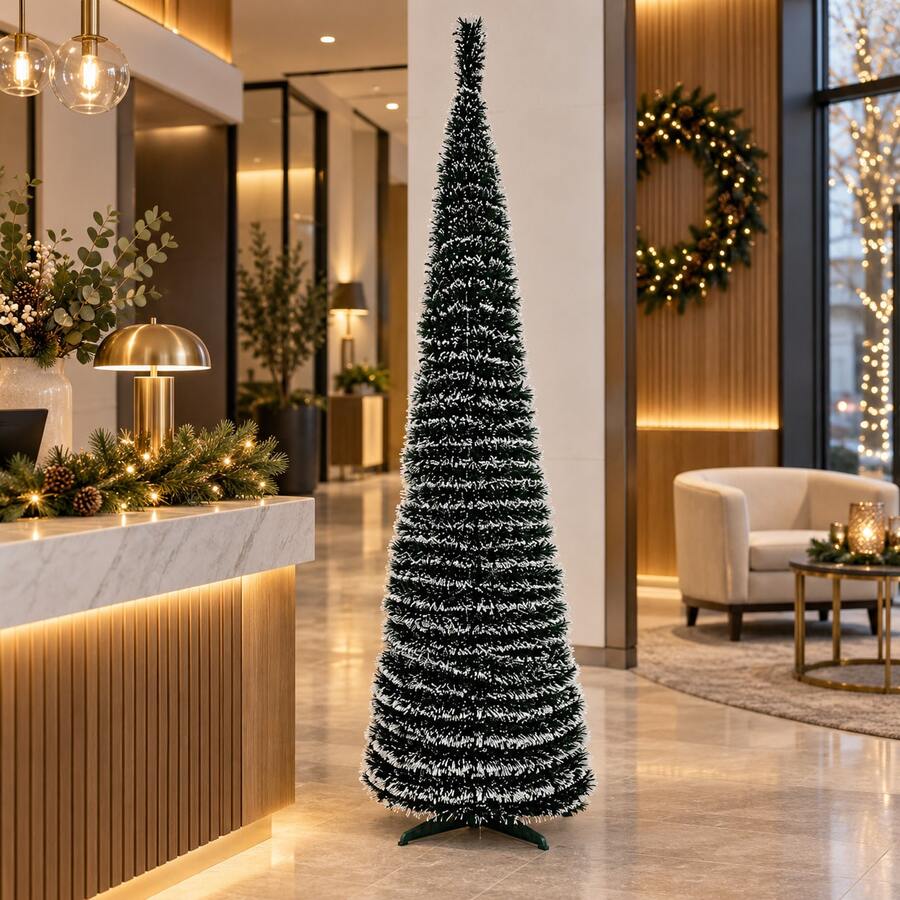 Tall Space-Saving Christmas Tree, Snow-Tip Slim Tree For Indoor Holiday Party Decoration - Green - View 1