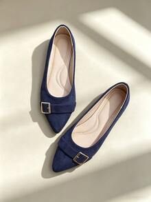 1 Pair Comfortable Flat Pointed Toe Suede Loafers With Metal Square Buckle Design, Navy Blue Low-Cut Slip-On Shoes For Women, Suitable For Daily Commute - Navy Blue - View 5