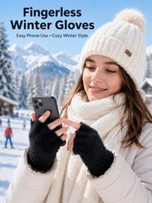 Women's Fleece Lined Warm Fingerless Gloves, Suitable For Autumn/Winter, Ideal For Office, Study, Writing, Driving And Cycling. Fingerless Design For Flexible Operation, Suitable For Halloween, Thanksgiving And Christmas. - Multicolor - View 5
