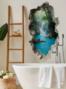 1pc Creative Vintage Valley Waterfall Landscape Wall Sticker - Removable Glossy Plastic Decal, Suitable For Classroom, Bedroom, Office, Living Room Decoration - Multi-Surface Home And Commercial Wall Art, Landscape Mural, Classroom Decor - Multicolor - View 1