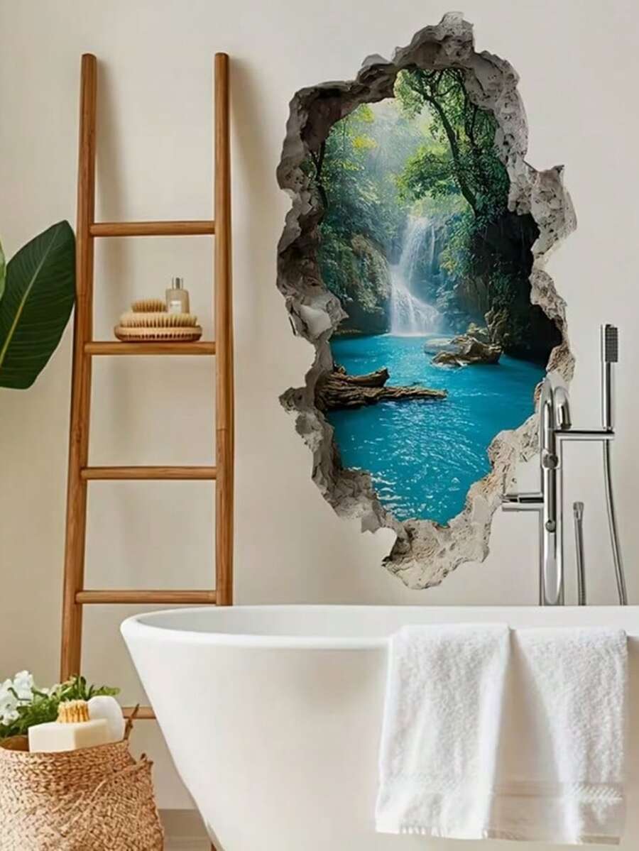 1pc Creative Vintage Valley Waterfall Landscape Wall Sticker - Removable Glossy Plastic Decal, Suitable For Classroom, Bedroom, Office, Living Room Decoration - Multi-Surface Home And Commercial Wall Art, Landscape Mural, Classroom Decor - Multicolor - View 1