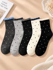 5 Pairs Women's Polka Dot Ruffle Mid-Calf Socks, Sweet Contrast Color Lace Socks, Soft Breathable Elastic Comfortable Casual Socks, Versatile Daily Wear For Autumn/Winter, Preppy Style - Multicolor - View 4