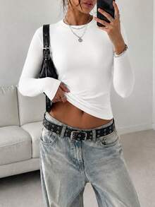 1Pc Women Solid Crew Neck Cuff Long Sleeve Top,Stretchy Slim Y2K Cropped Tee For Date & Going Out - White - View 1