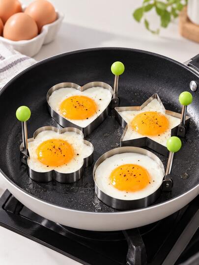 4pcs/1pc Stainless Steel Egg Pancake Molds, Flower, Heart, Star And Round Shapes, Suitable For Breakfast, Pancakes, Omelets And Sandwiches, Reusable, Suitable For Frying Pan, Kitchen And Bento Box