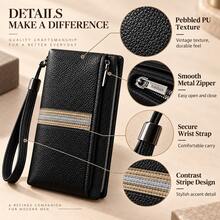 HOVI'S Dompet Clutch Pergelangan Tangan Panjang Pria, Tas Tangan Bisnis Kapasitas Besar Dekorasi Motif Garis, Kantong Tangan Multi-Resleting dengan 8 Slot Kartu dan Tali Pergelangan yang Dapat Dilepas - MultiWarna - View 3