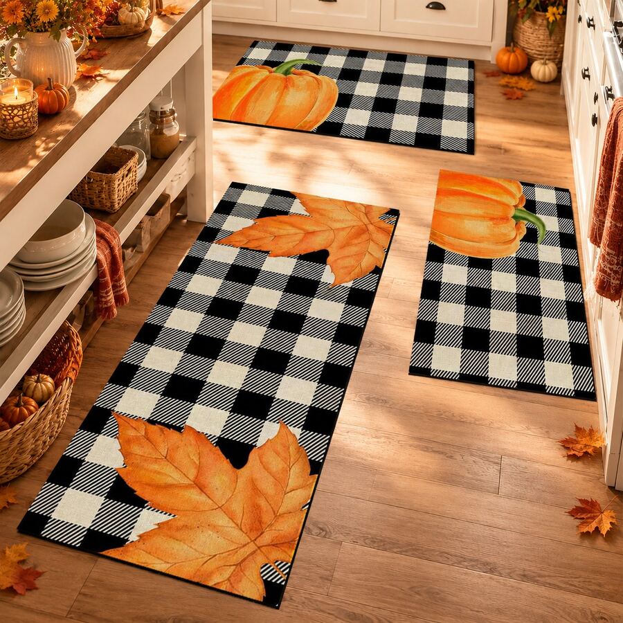 1pc Autumn Pumpkin Maple Leaf Black & White Plaid Kitchen Home Decor Floor Mat, Non-Slip Absorbent Long Runner Rug, Thanksgiving Country Style Bathroom Laundry Room Door Mat Set - Multicolor - View 1
