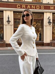 Women White Collarless Gold Button Blazer Round Neck Padded Shoulder Fitted Waist Slim Office Work Jacket - Beige - View 4