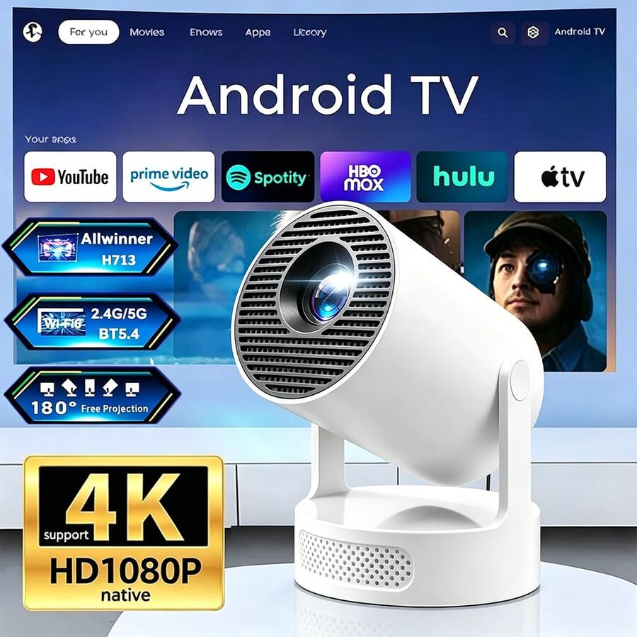 HY300 Smart Android 11 Mini Manual Focus Projector, Compatible With Apple & Android | Supports 4K/1080P, WiFi6 And Bluetooth 5.0, Portable Home Cinema With Auto Horizontal Correction, Suitable For Outdoor Movie Projection In Low Light (White, EU Plug)