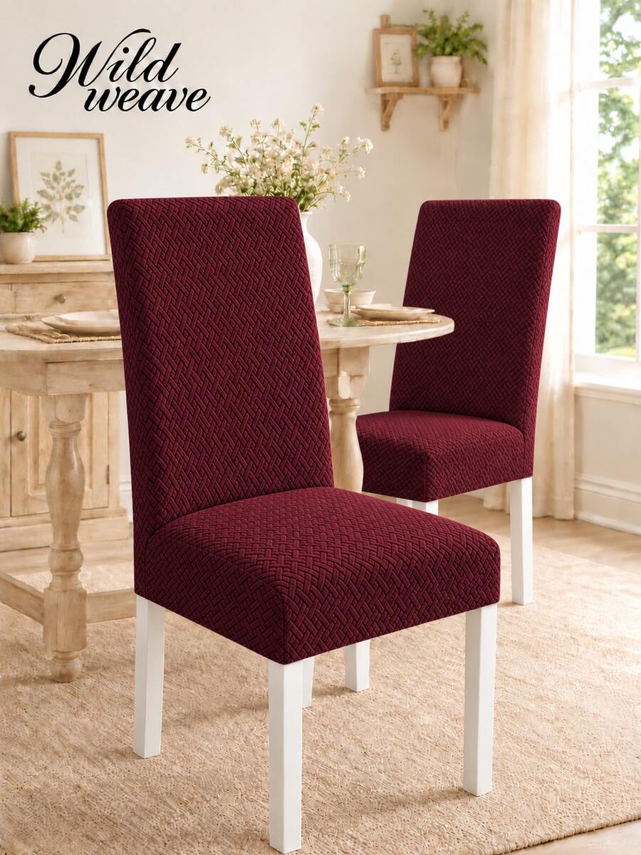 1pc Jacquard Solid Color Stretch Chair Cover, Suitable For Living Room, Dining Room, Home Use, All Seasons - Burgundy Diagonal Stripes - View 1