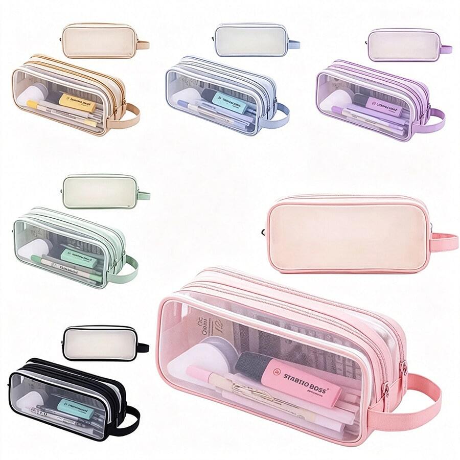 Transparent Mesh Pencil Case, Student Exam Supplies, Large Capacity Stationery Storage, Minimalist Design Pencil Case - Multicolor - View 1