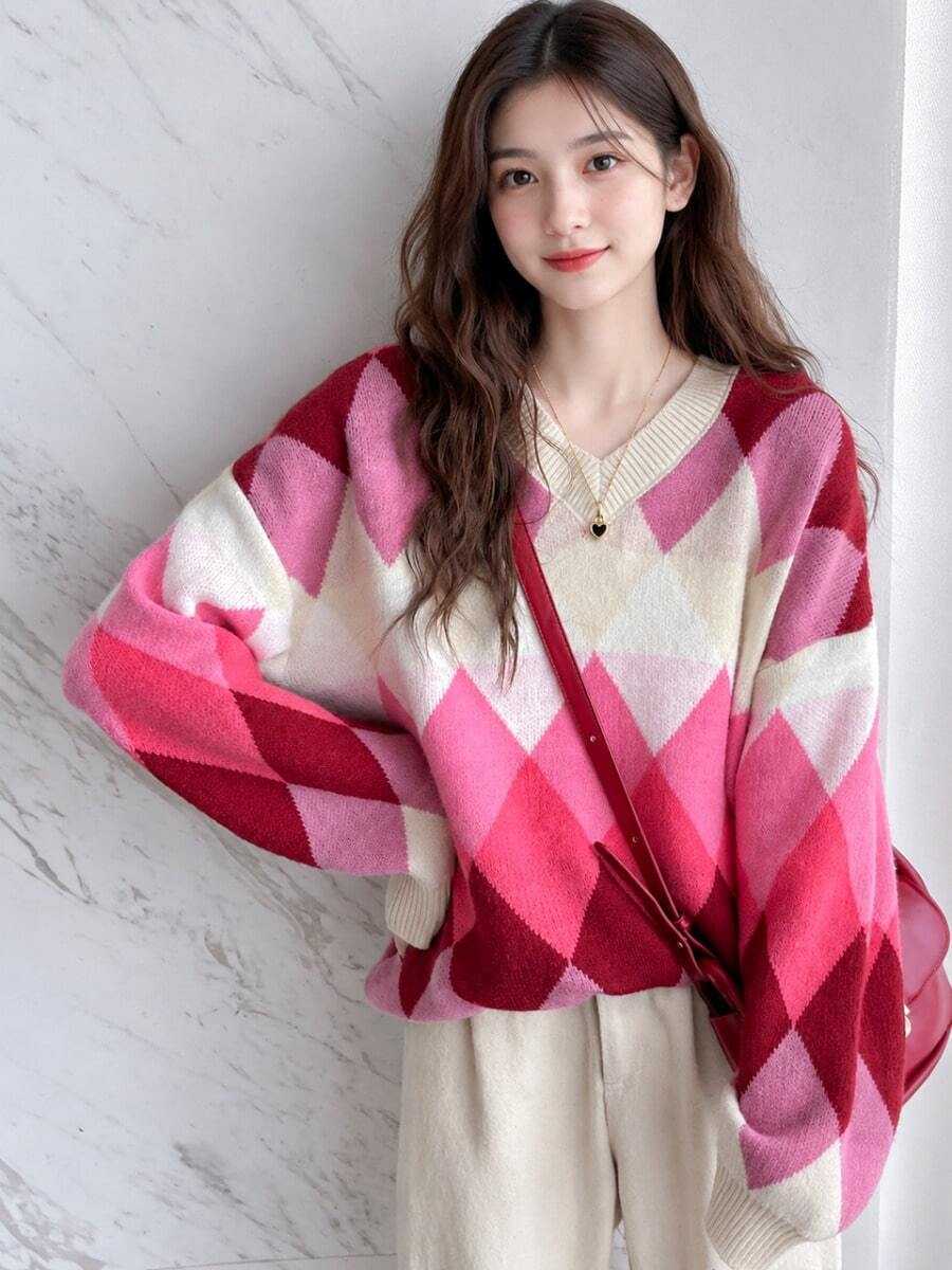Argyle Plaid Drop Shoulder Oversized Sweater - Red - View 1