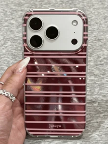 可愛對比色條紋亮面背殼手機殼，適用於 iPhone 18 Pro Max、18 Pro、17 Pro Max、17 Pro、17、16 Pro Max、16 Pro、16、15 Pro Max、14、13、15 Pro、15、14、16 Plus，簡約風格保護殼 - 酒紅色 - 查看 2
