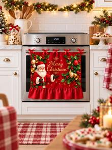 Christmas Oven Door Curtain, Gingerbread House Santa Snowman Print Ruffled Oven Cover With Tie Bows, Xmas Kitchen Home Decoration - B - View 2