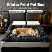 1‑Piece Black Winter Tree Snowflake Print Pet Mattress, Modern Style Polyester Rectangular Quilted Cushion, Roll‑Up Portable Sleeping Pad For Dog Cat Indoor Home Use All Seasons - Black - View 9