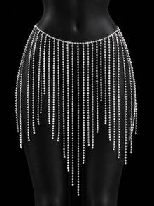 1pc Silver Rhinestone Chest Chain & Waist Chain Set For Women, Sparkling Tassel Body Chain Jewelry Accessory For Party, Nightclub, Stage Performance - Silver - View 3