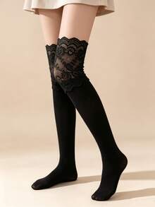 1/2 Pairs Sweet Girl Lace Trim Vertical Stripe Versatile Comfortable Knee-High Socks - Multicolor - View 3