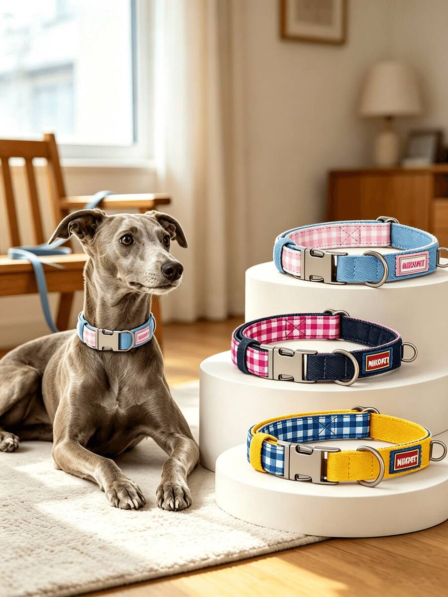 Vintage Denim Patchwork Plaid Dog Collar, Adjustable Size Fashion Plaid Pet Neck Collar, Dog Daily Walking Casual Accessory - Pink - View 1