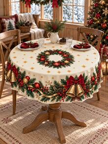 1pc Polyester Christmas Tablecloth, Red Bow Gold Bell Holly Wreath Print Xmas Holiday Table Cover, Traditional Festive Dining Table Decor For Christmas Party Dinner Kitchen Home - Multicolor - View 9
