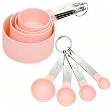 Juego de 8 piezas/4 piezas de tazas y cucharas medidoras, tazas y cucharas apilables con mangos de acero inoxidable, tazas medidoras anidadas para ingredientes secos y líquidos, tazas y cucharas medidoras apilables para cocinar y hornear, utensilios de cocina, juego de tazas y cucharas medidoras de acero inoxidable para hornear, herramientas de medición, artículos esenciales para el apartamento, suministros para la vuelta a la escuela - Rosa - Ver 6