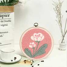 Pink Tulip Punch Needle Embroidery DIY Kit, Includes 20cm Embroidery Hoop, Printed Fabric, Yarn And Full Tool Set, Suitable For Beginners, Stress Relief Handmade Craft, Finished Round Decorative Wall Hanging, Ideal For Home Decor, Creative Holiday Gift Handmade Material Pack - A - View 7