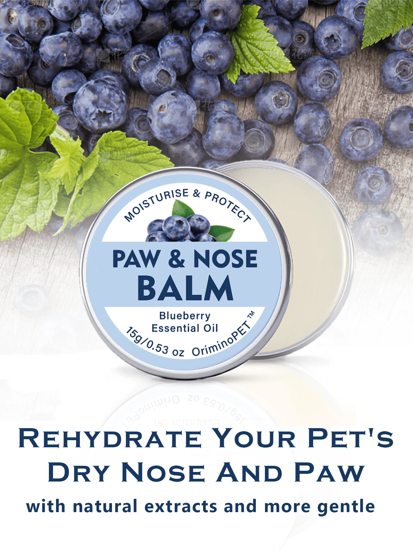 ORIMINOPET Dog & Cat Paw & Nose Care Balm - Natural Formula, Blueberry Scent - 0.53 Oz (15g)