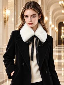 Detachable Faux Fur Collar With Satin Bow, Women's Winter Warm Decorative Collar Accessory For Coats - White - View 2