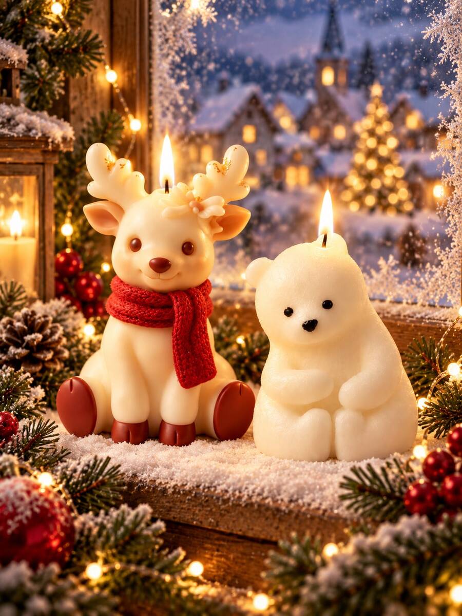 Christmas Reindeer & Polar Bear Silicone Molds, 3D Flower Decorated Fawn And Sitting White Bear Figurine Molds, Flexible Craft Molds For Candle Making, Resin Art, Christmas Table Decor DIY Project - Christmas Mold - View 1