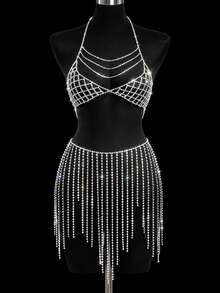 1pc Silver Rhinestone Chest Chain & Waist Chain Set For Women, Sparkling Tassel Body Chain Jewelry Accessory For Party, Nightclub, Stage Performance - Silver - View 1