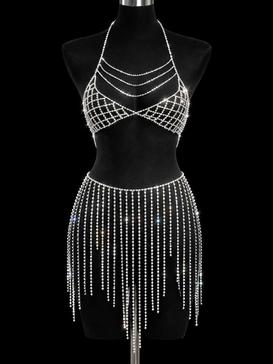1pc Silver Rhinestone Chest Chain & Waist Chain Set For Women, Sparkling Tassel Body Chain Jewelry Accessory For Party, Nightclub, Stage Performance - Silver - View 1