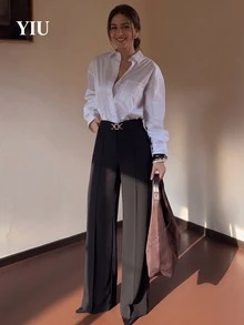YIU Women's Black Woven Fabric Wide Leg Pants, Gold Buckle Detail, Medium Stretch Basic Long Pants - Black - View 1