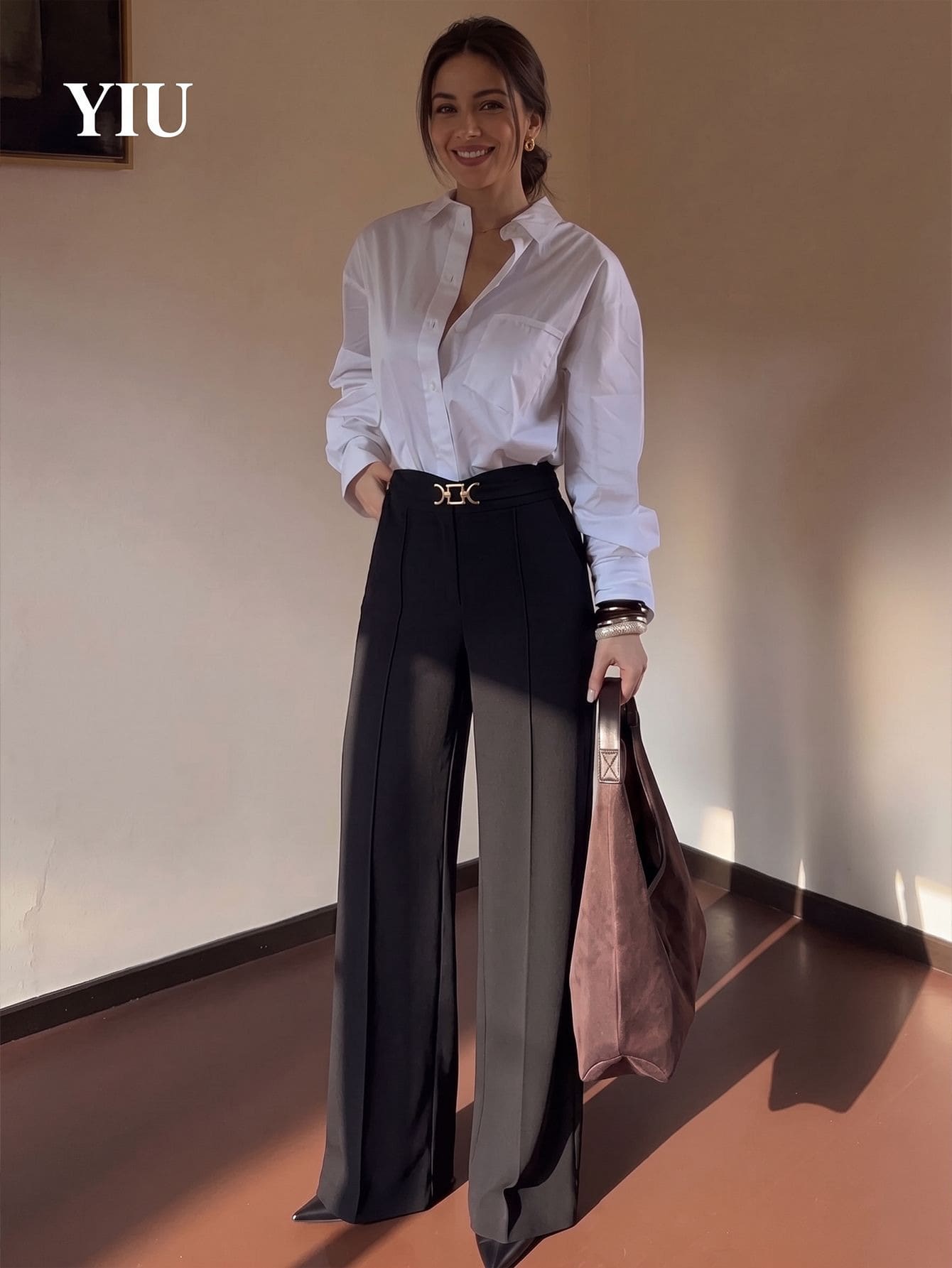 YIU Women's Black Woven Fabric Wide Leg Pants, Gold Buckle Detail, Medium Stretch Basic Long Pants - Black - View 1